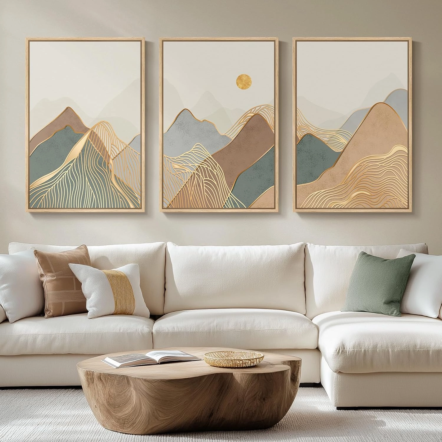 Framed Boho Mountain Wall Art for Living Room, 3 Piece Modern Minimalist Line Canvas Prints Art Decor, Large Nature Landscape Wall Art for Living Room, Bedroom, Hallway Office Wall Decor, 36" x 72"
