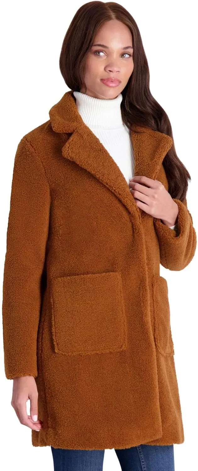 French Connection Women's Faux Shearling Teddy Lapel Midi Coat
