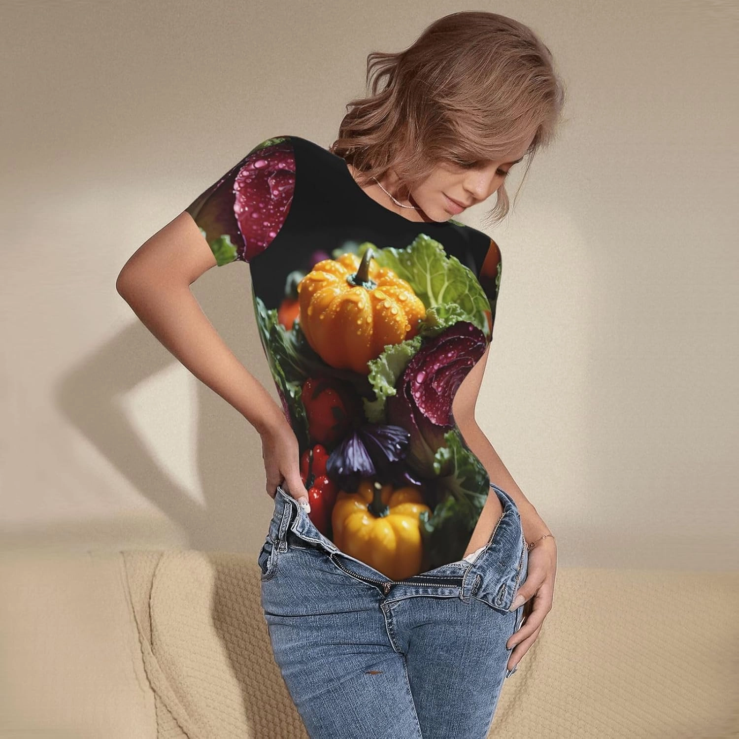 Fresh Cabbage Printed women's short-sleeved tights - fashionable round-neck slim home clothes, sizes S-XXL,