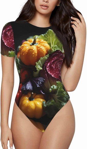 Fresh Cabbage Printed women's short-sleeved tights - fashionable round-neck slim home clothes, sizes S-XXL,