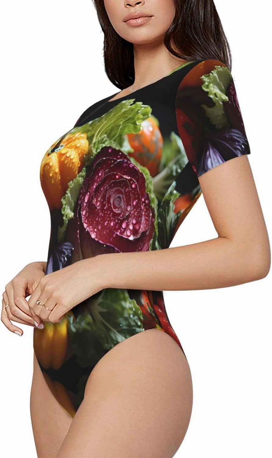 Fresh Cabbage Printed women's short-sleeved tights - fashionable round-neck slim home clothes, sizes S-XXL,