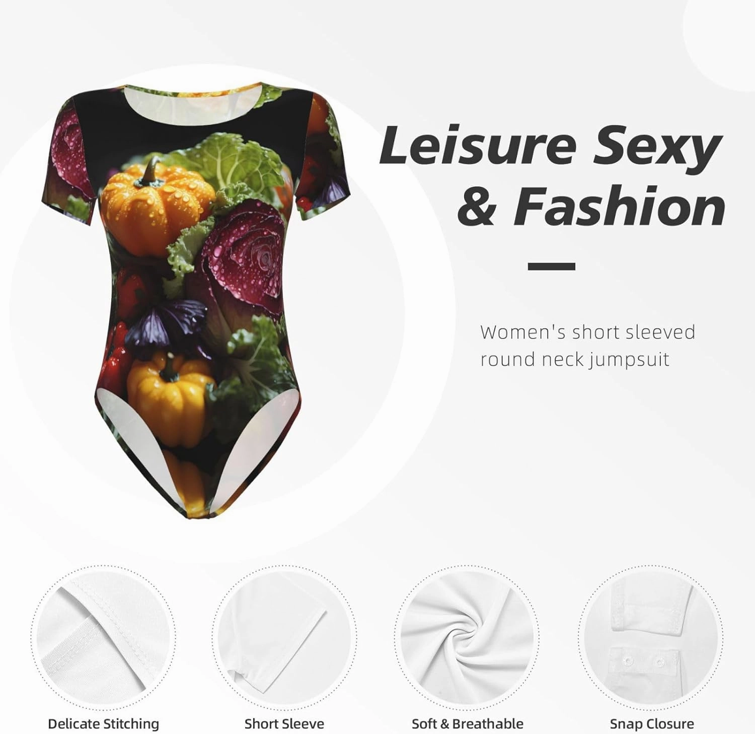 Fresh Cabbage Printed women's short-sleeved tights - fashionable round-neck slim home clothes, sizes S-XXL,