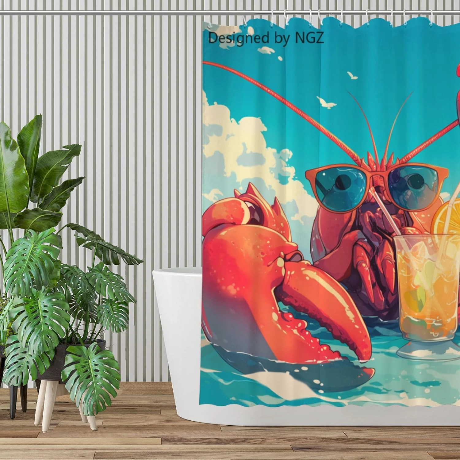 Funny Lobster Blue Shower Curtain, Colorful Lemon Yellow Curtain, 72x72 Inches Shower Curtains for Bathroom, Snow Fabric Bath Curtains Set with 12 Hooks