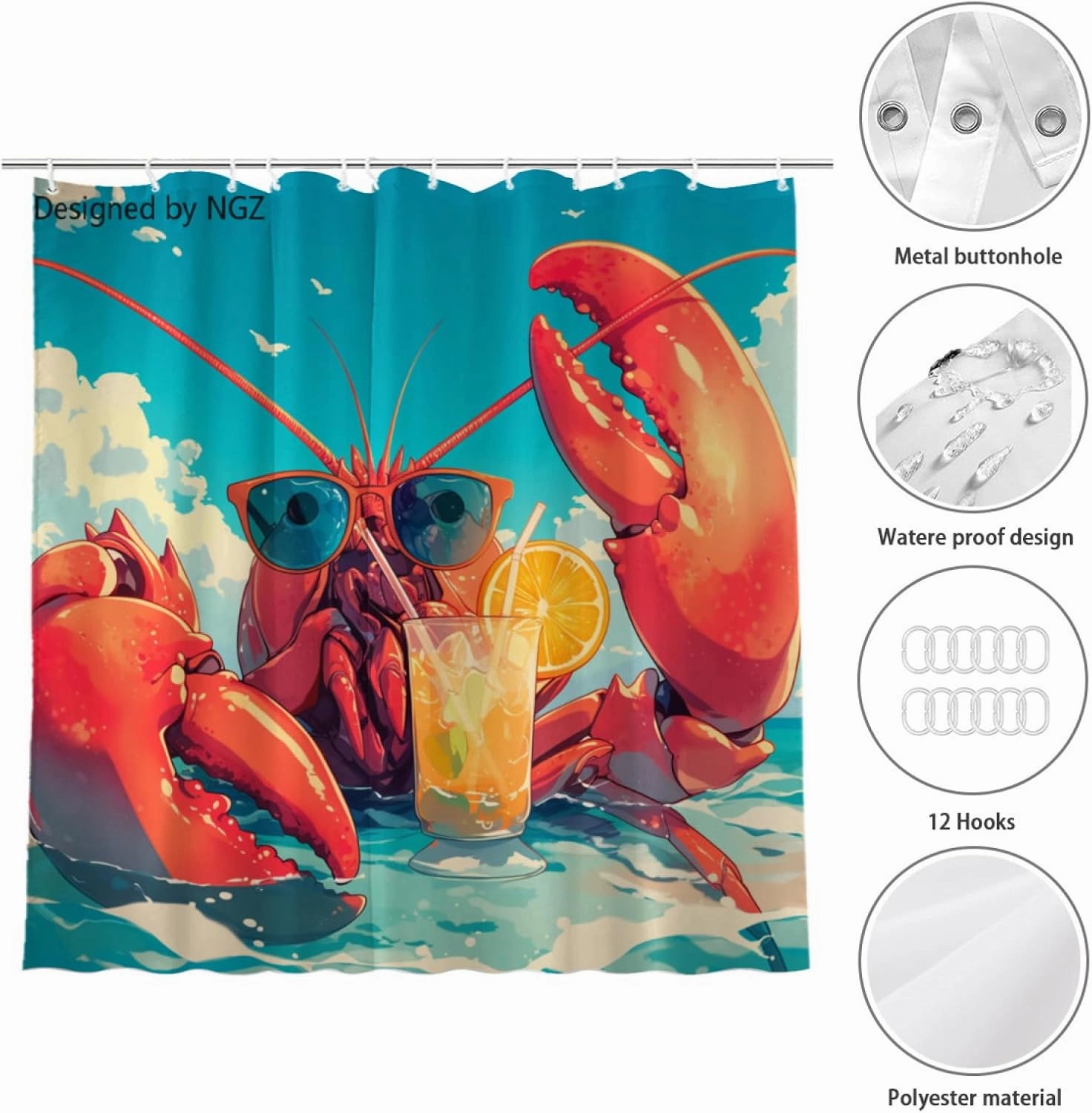 Funny Lobster Blue Shower Curtain, Colorful Lemon Yellow Curtain, 72x72 Inches Shower Curtains for Bathroom, Snow Fabric Bath Curtains Set with 12 Hooks