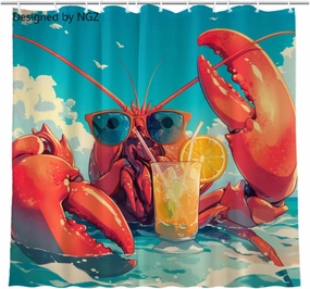 Funny Lobster Blue Shower Curtain, Colorful Lemon Yellow Curtain, 72x72 Inches Shower Curtains for Bathroom, Snow Fabric Bath Curtains Set with 12 Hooks