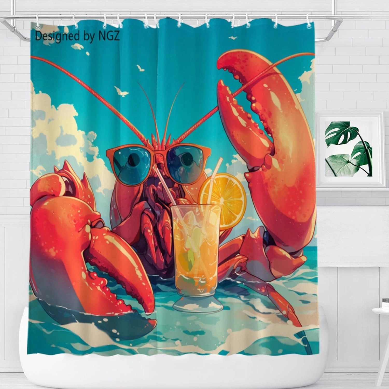 Funny Lobster Blue Shower Curtain, Colorful Lemon Yellow Curtain, 72x72 Inches Shower Curtains for Bathroom, Snow Fabric Bath Curtains Set with 12 Hooks
