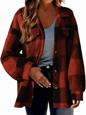 Fuzzy Fleece Plaid Jacket For Women Casual Loose Plus Size Button Down Sherpa Shacket Warm Winter Shearling Coat