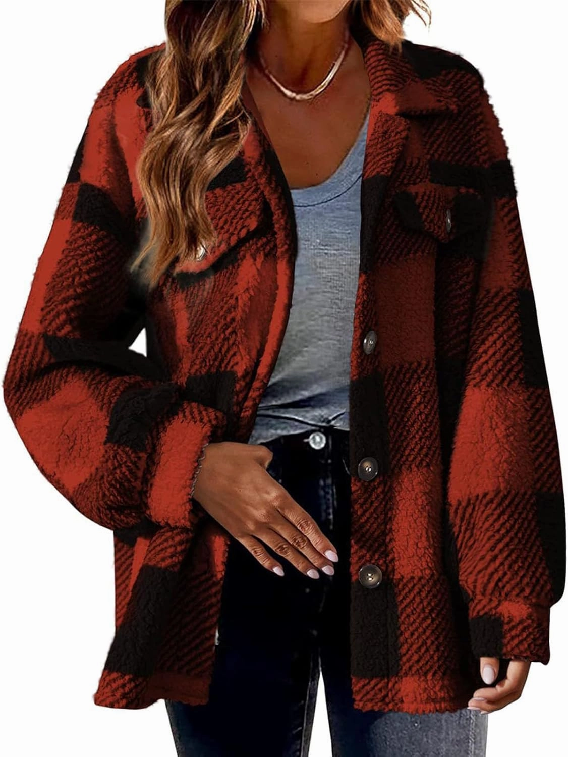 Fuzzy Fleece Plaid Jacket For Women Casual Loose Plus Size Button Down Sherpa Shacket Warm Winter Shearling Coat