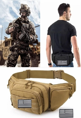 Galaxy Khaki Concealed Carry Pistol Waist Pouch - Tactical Fanny Pack Holster, Waist Gun Bag, Fits Handgun, for Biking Running Camping Hunting Hiking Fishing.. Molle with USA Flag Patch