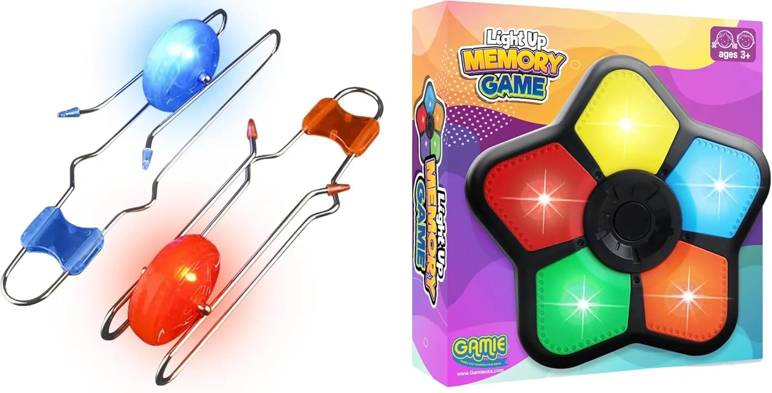 Gamie Retro Light Up Gyro Wheels Toy Set of 2 Rail Twisters & Electronic Memory Game With Lights and Sounds, Handheld Mind-Sharpening Brain Games for Kids