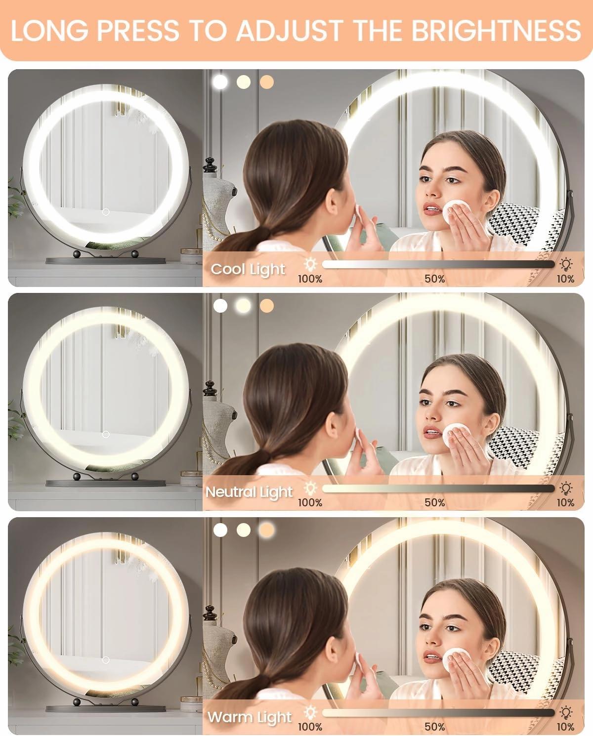 GAOMON 19 inch Makeup Mirror with Lights - Smart Touch Control 3 Colors Dimmable - 360Rotation Round Vanity Mirror for Bedroom, Bathroom, Black