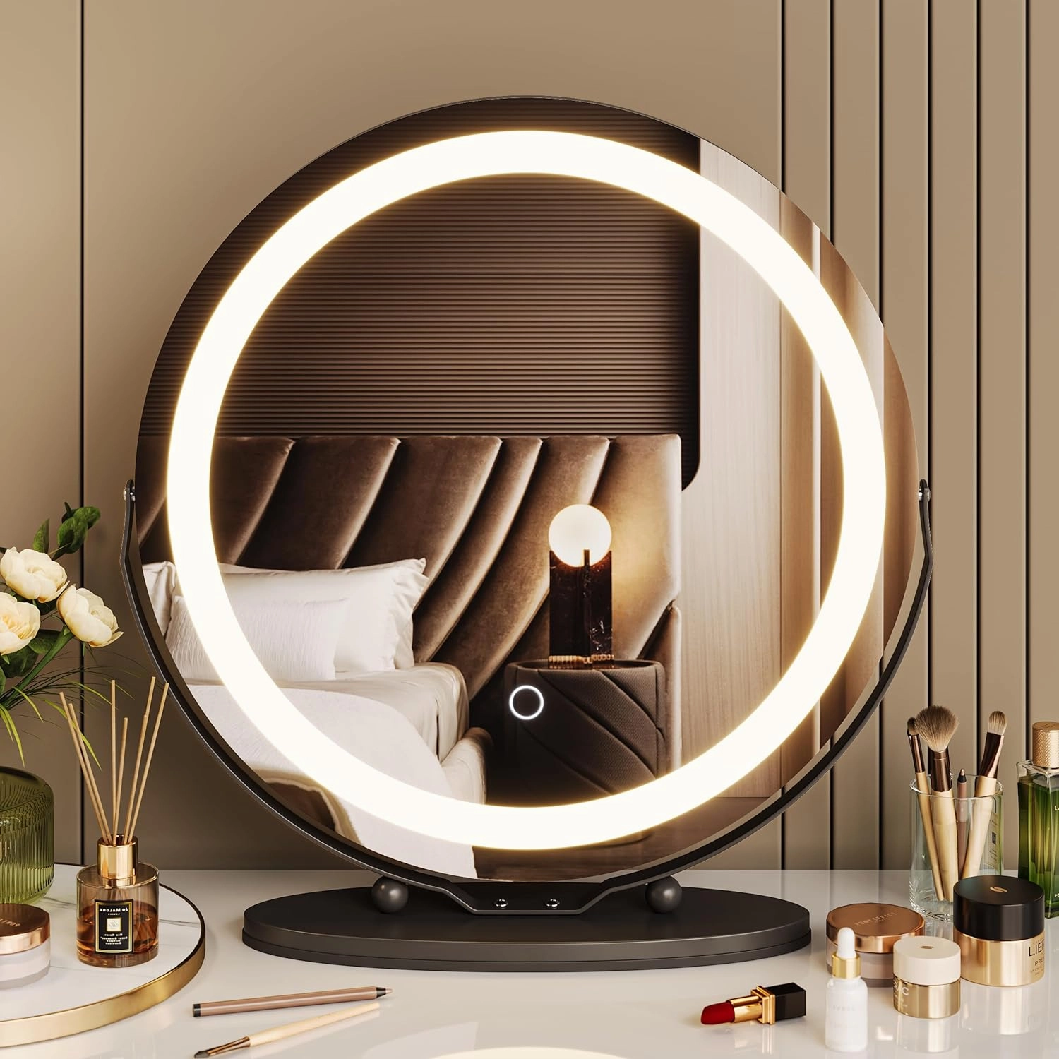 GAOMON 19 inch Makeup Mirror with Lights - Smart Touch Control 3 Colors Dimmable - 360Rotation Round Vanity Mirror for Bedroom, Bathroom, Black