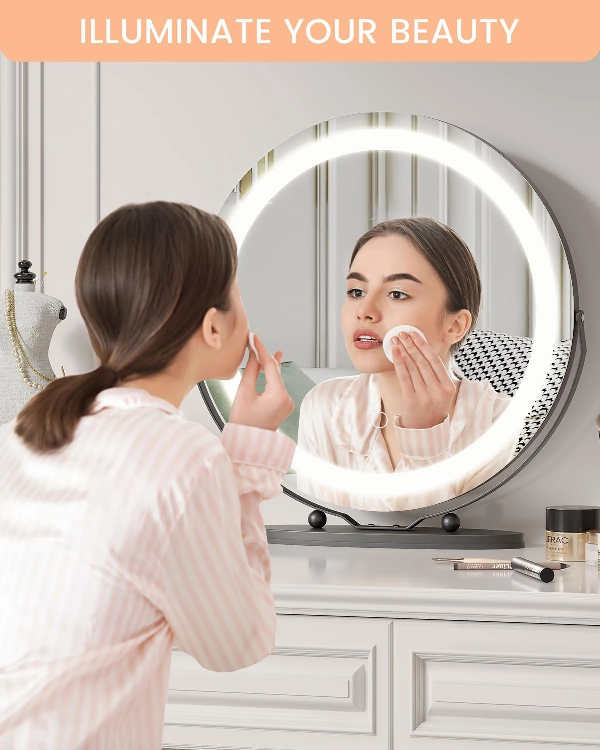 GAOMON 19 inch Makeup Mirror with Lights - Smart Touch Control 3 Colors Dimmable - 360Rotation Round Vanity Mirror for Bedroom, Bathroom, Black
