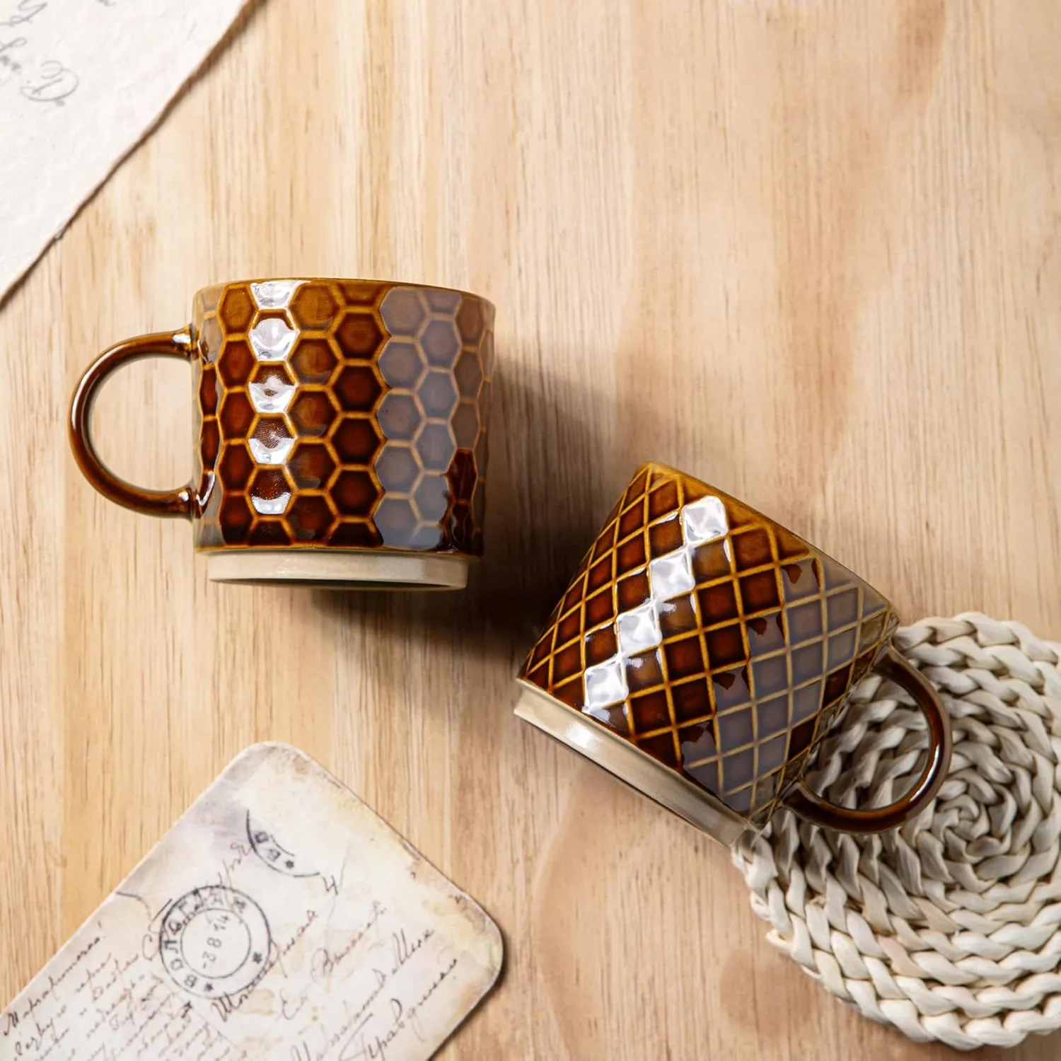 GBHOME 8OZ Stackable Coffee Mugs, Ceramic Coffee Mugs with Texture Patterns for Man,Woman,Dad,Mom, Modern Coffee Cups Set of 4 for Espresso/Cappuccino/Cocoa. Dishwasher&Microwave Safe,