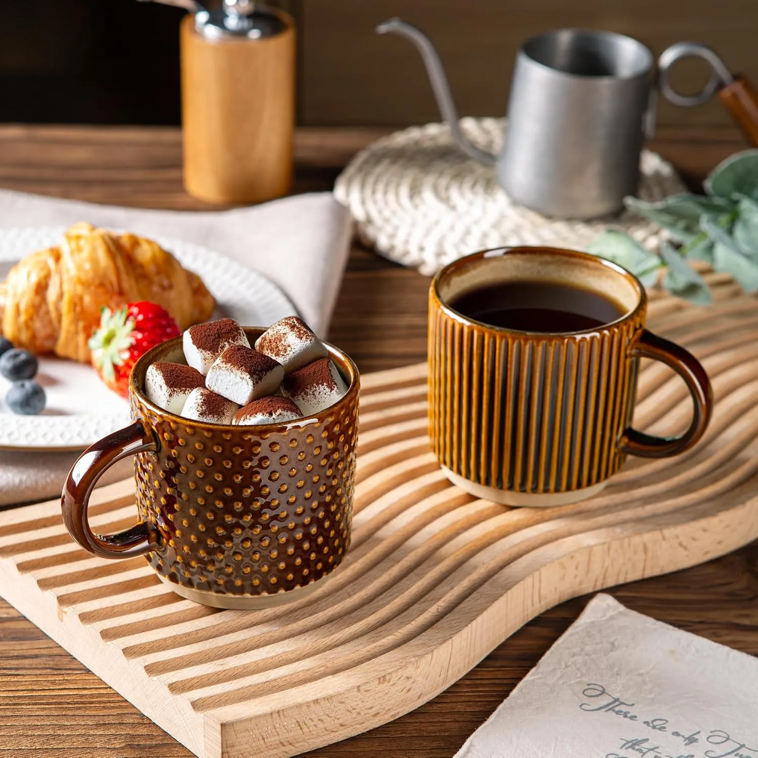 GBHOME 8OZ Stackable Coffee Mugs, Ceramic Coffee Mugs with Texture Patterns for Man,Woman,Dad,Mom, Modern Coffee Cups Set of 4 for Espresso/Cappuccino/Cocoa. Dishwasher&Microwave Safe,