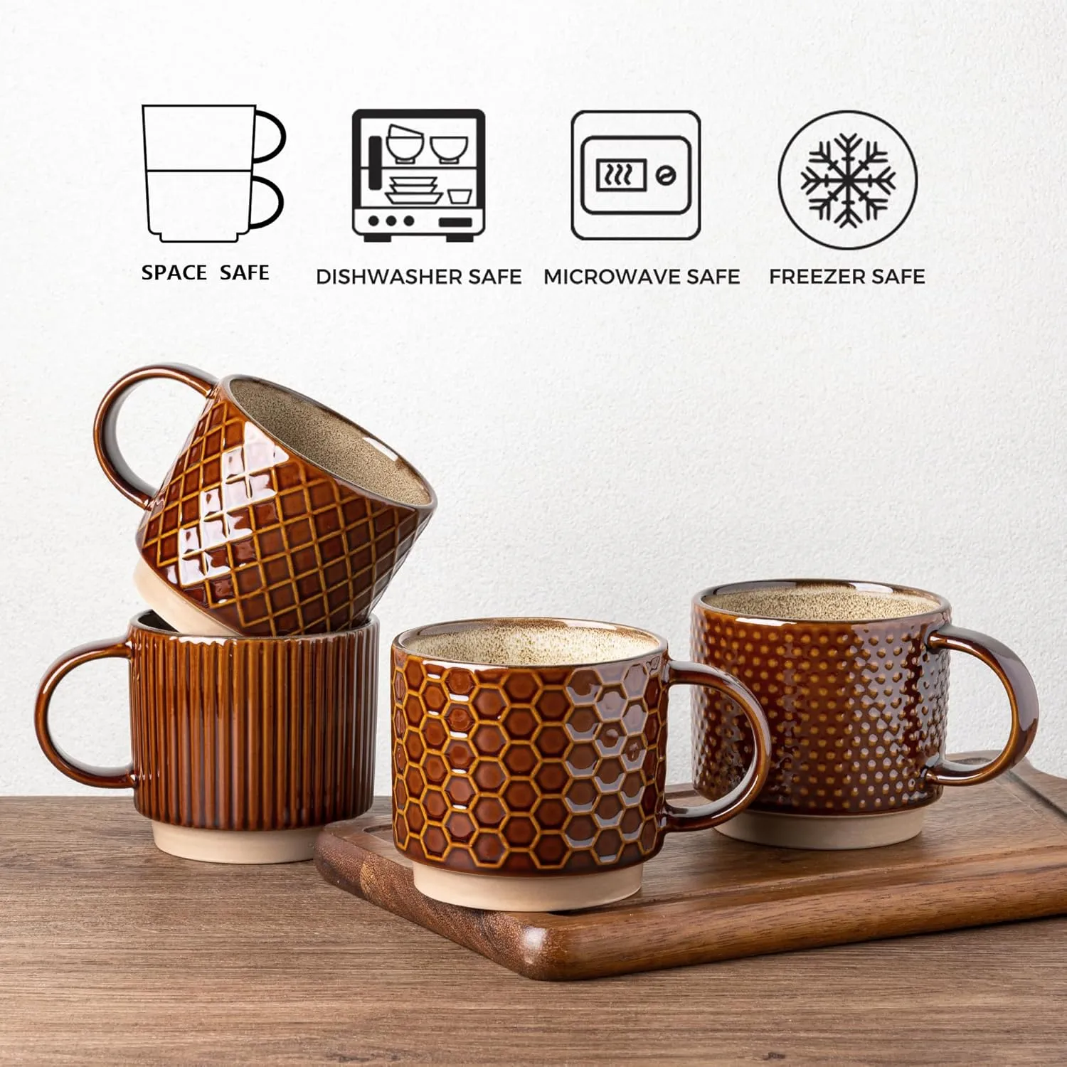 GBHOME 8OZ Stackable Coffee Mugs, Ceramic Coffee Mugs with Texture Patterns for Man,Woman,Dad,Mom, Modern Coffee Cups Set of 4 for Espresso/Cappuccino/Cocoa. Dishwasher&Microwave Safe,