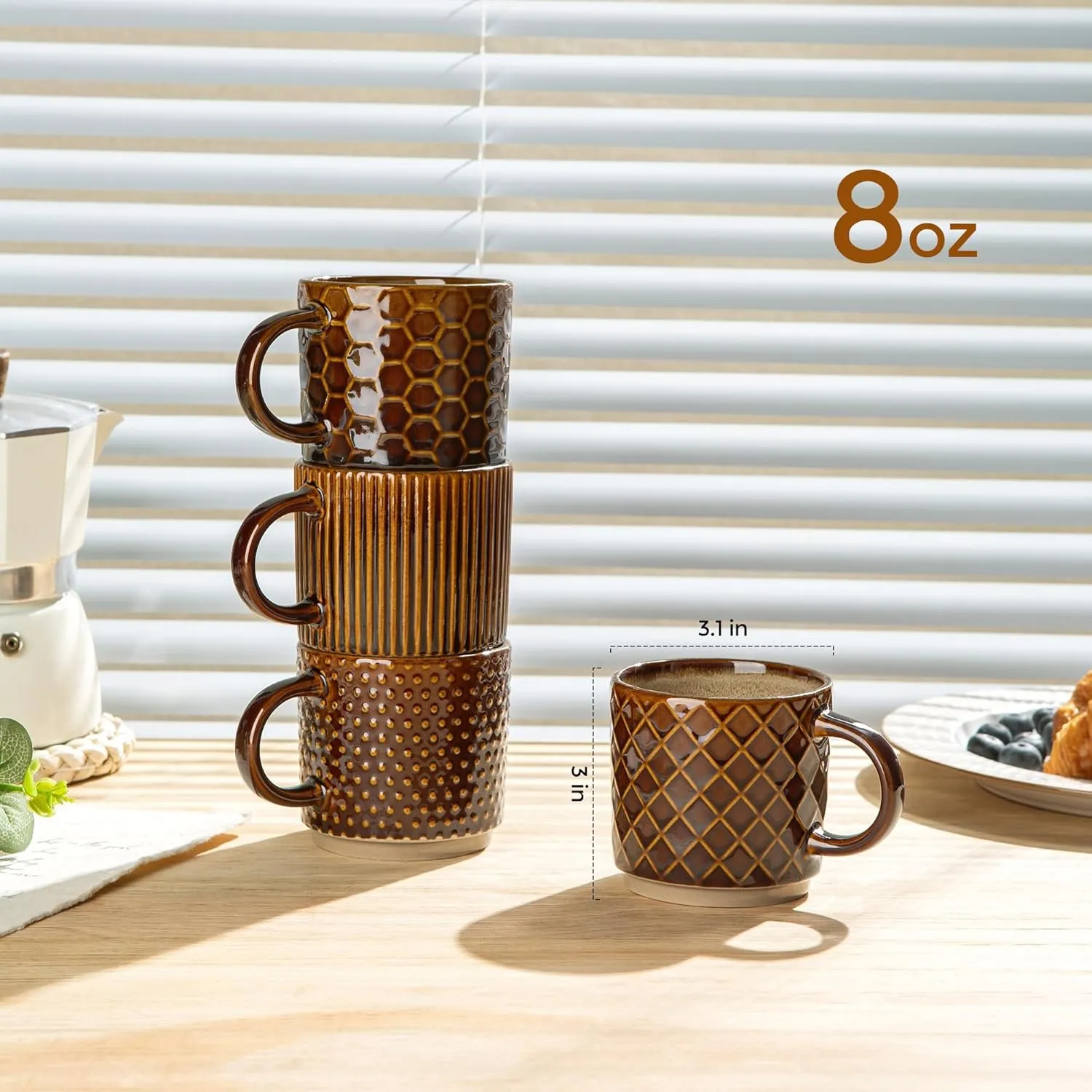 GBHOME 8OZ Stackable Coffee Mugs, Ceramic Coffee Mugs with Texture Patterns for Man,Woman,Dad,Mom, Modern Coffee Cups Set of 4 for Espresso/Cappuccino/Cocoa. Dishwasher&Microwave Safe,
