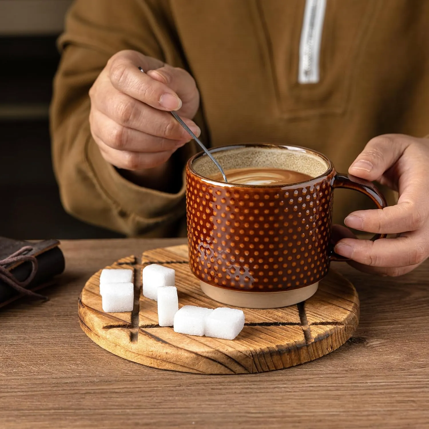 GBHOME 8OZ Stackable Coffee Mugs, Ceramic Coffee Mugs with Texture Patterns for Man,Woman,Dad,Mom, Modern Coffee Cups Set of 4 for Espresso/Cappuccino/Cocoa. Dishwasher&Microwave Safe,