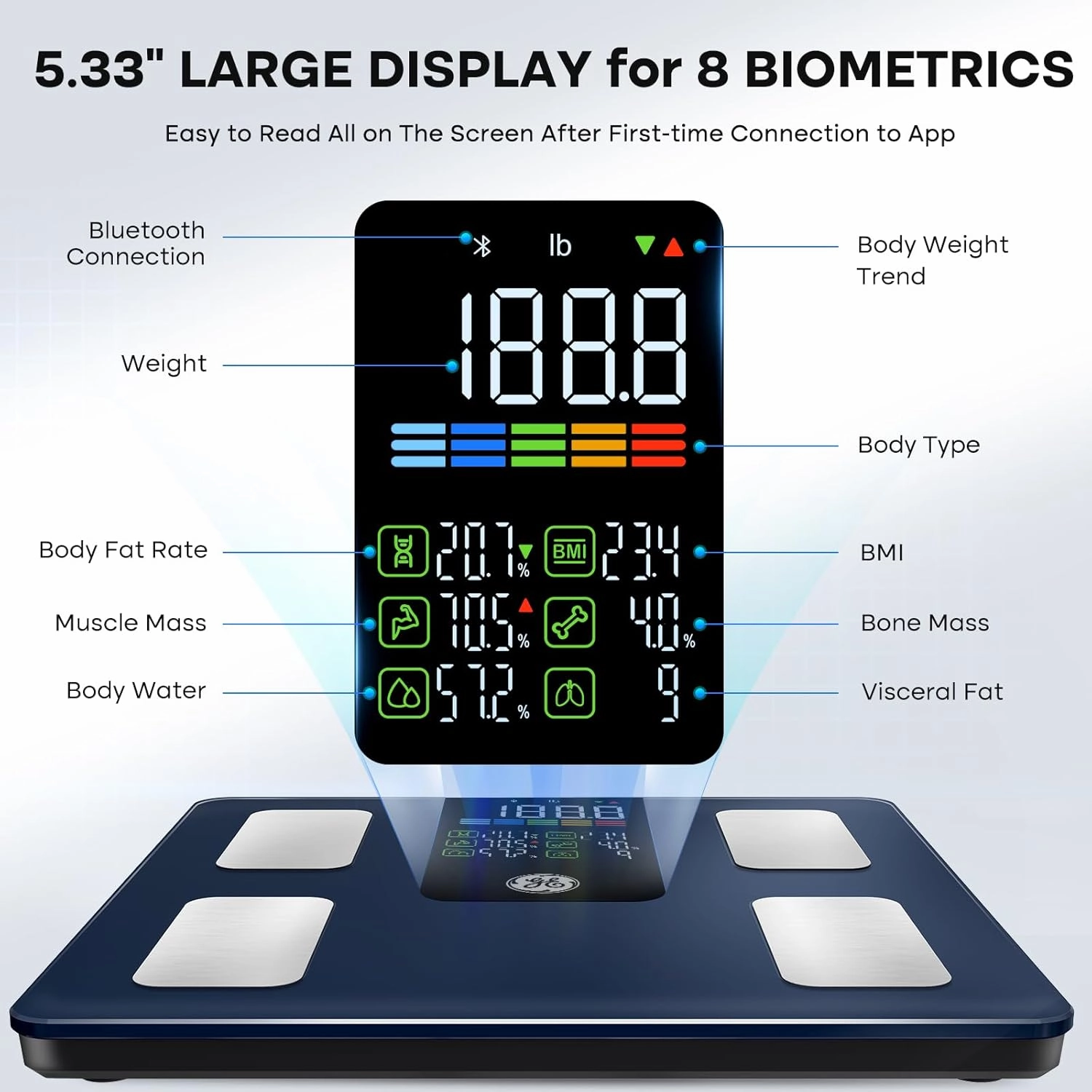 GE Scale for Body Weight Smart: Digital Bathroom Body Fat Scales for BMI Muscle Bluetooth Smart Weight Monitor 11.8" Large Platform Accurate Weighing Machine Health Analyzer with App 500lbs Black