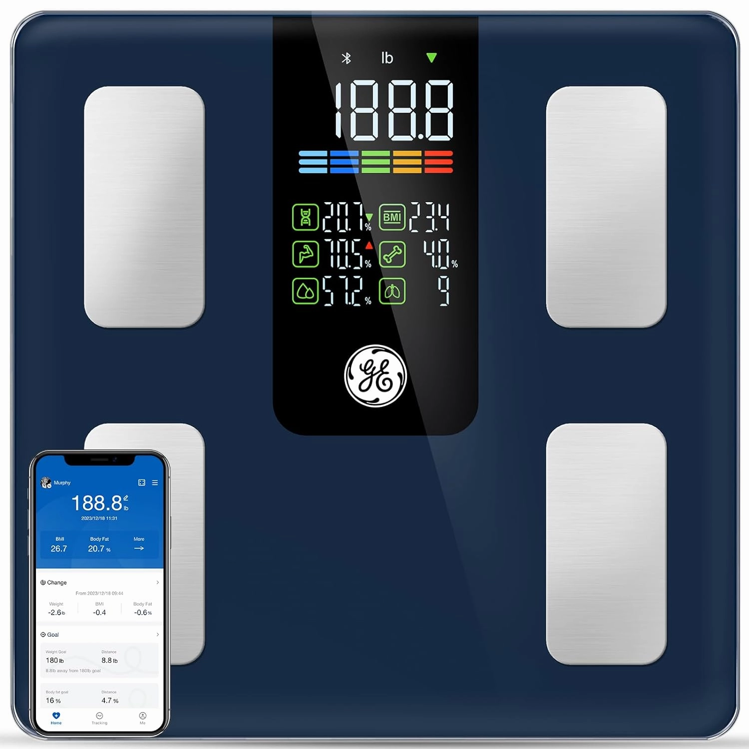 GE Scale for Body Weight Smart: Digital Bathroom Body Fat Scales for BMI Muscle Bluetooth Smart Weight Monitor 11.8" Large Platform Accurate Weighing Machine Health Analyzer with App 500lbs Black
