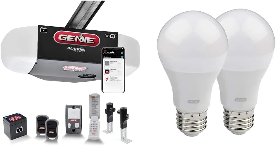 Genie 7155-TKV Smart Garage Door Opener StealthDrive Connect - Ultra Quiet Opener, WiFi, Battery Backup - Works with Alexa & Google Home and GLEDB2-R2 2 Pack Garage Door Opener LED Light Bulb, 4000K