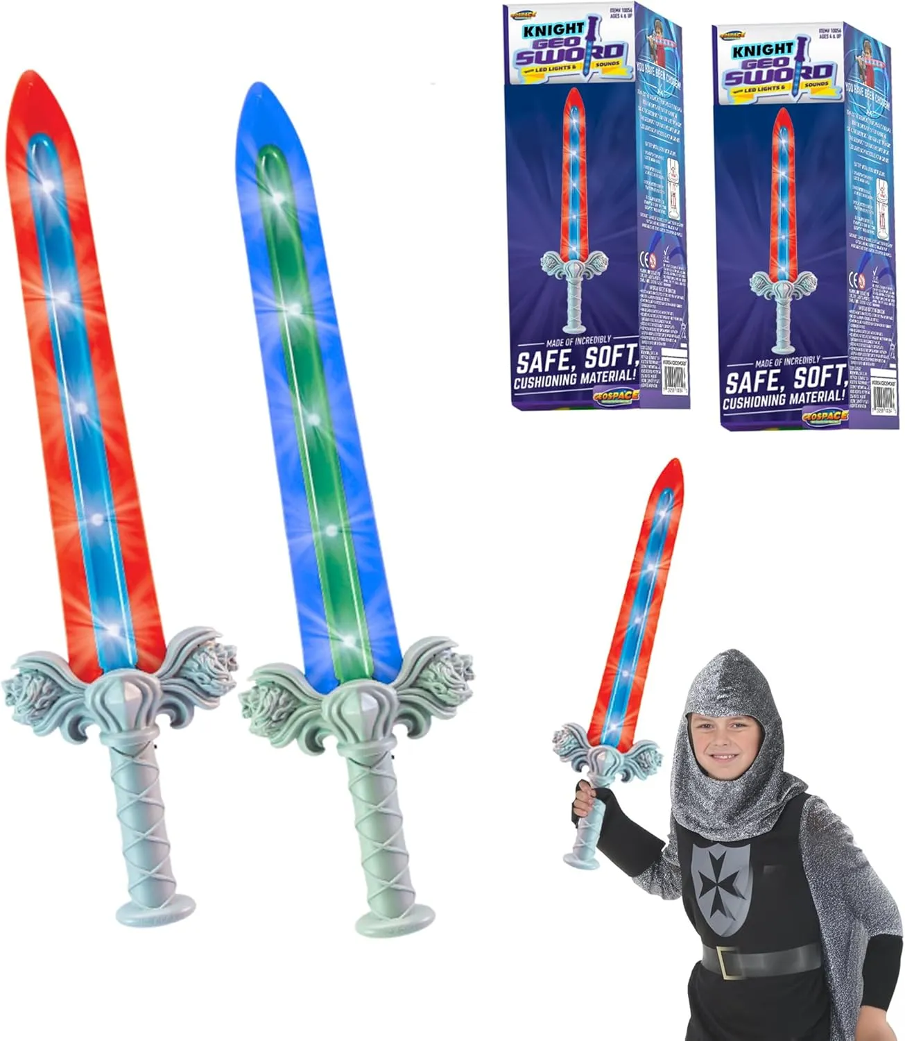 Geospace 23" Knight Geosword Soft & Safe Dueling Toy Swords - 2 Pack with Motion Activated LED Lights & Movement Battle Sounds (Green & Red)