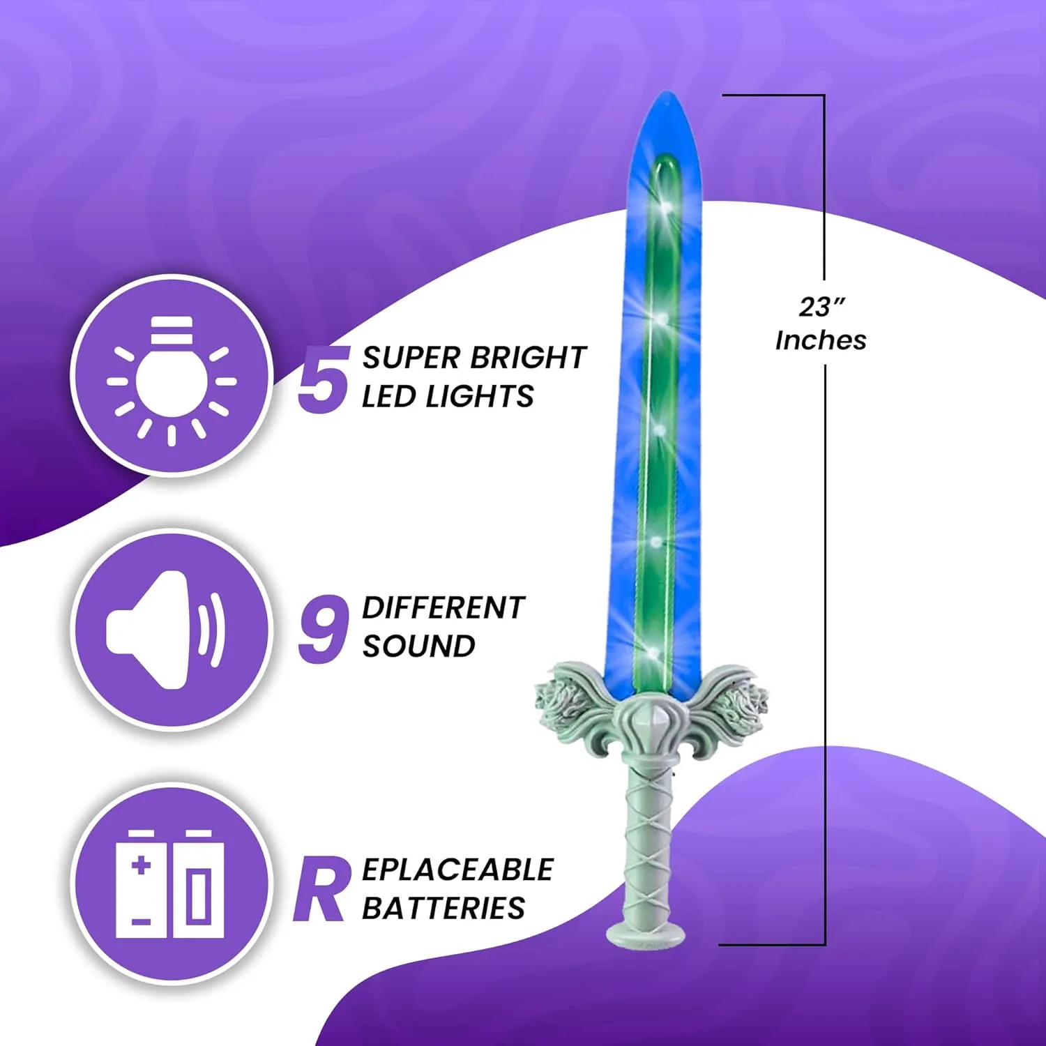 Geospace 23" Knight Geosword Soft & Safe Dueling Toy Swords - 2 Pack with Motion Activated LED Lights & Movement Battle Sounds (Green & Red)