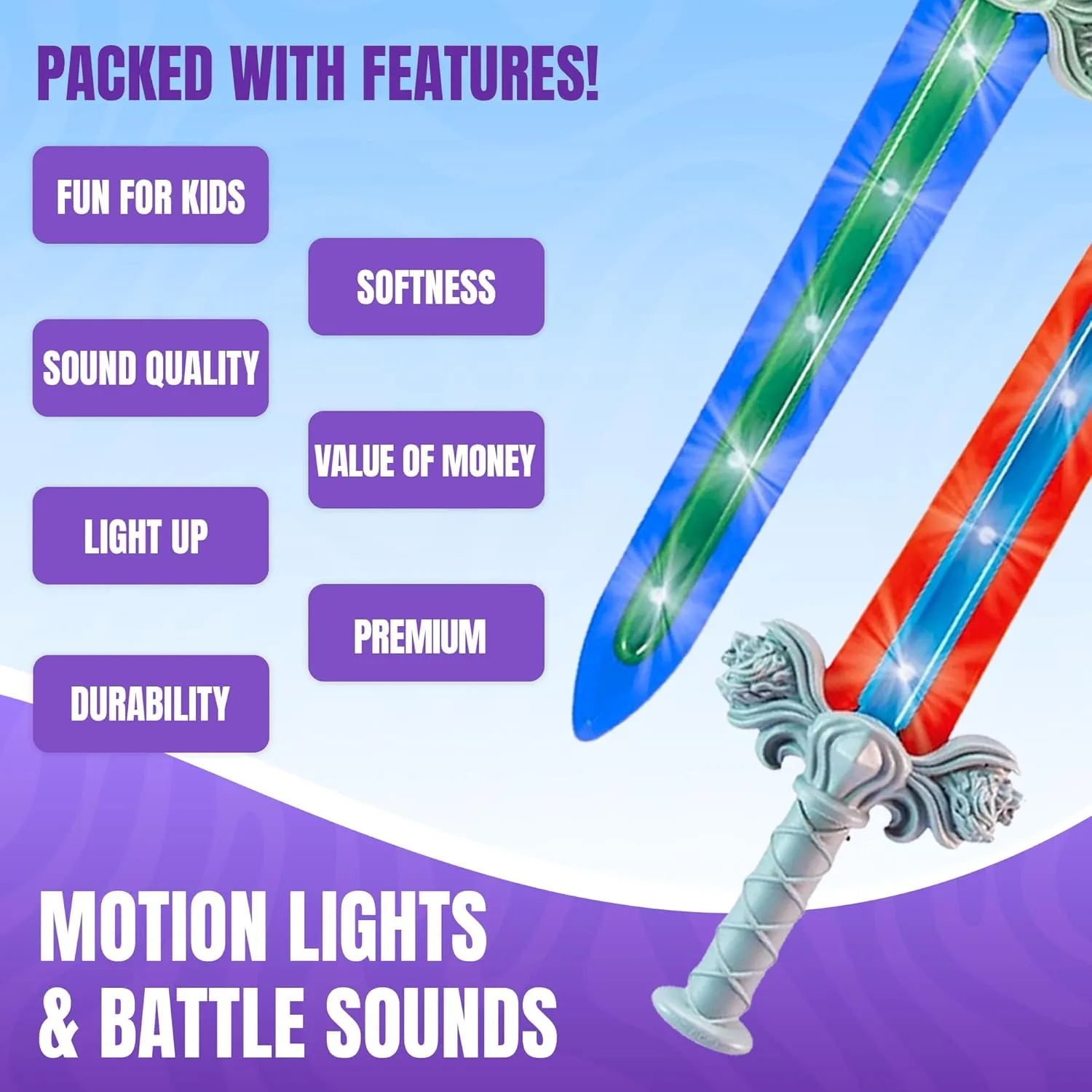 Geospace 23" Knight Geosword Soft & Safe Dueling Toy Swords - 2 Pack with Motion Activated LED Lights & Movement Battle Sounds (Green & Red)