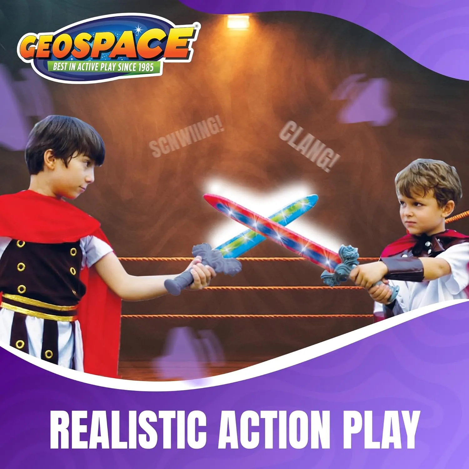 Geospace 23" Knight Geosword Soft & Safe Dueling Toy Swords - 2 Pack with Motion Activated LED Lights & Movement Battle Sounds (Green & Red)