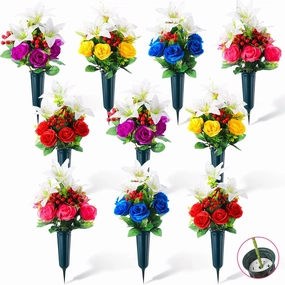 Giegxin 10 Sets Cemetery Flowers for Grave 120 Heads Artificial Patriotic Memorial Rose Lily Bouquet Arrangement with Vase Outdoor Headstone Decorations for Father's Day 4th of July Independence Day