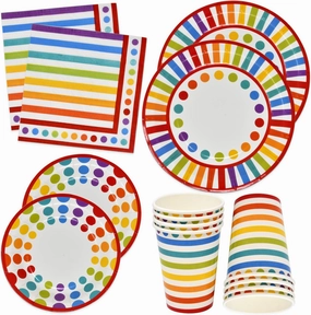 Gift Boutique 150 Pcs Rainbow Party Supplies Set Paper Plates Napkins for Colorful Bright Multi Colored Stripe & Polka Dot Birthday Disposable Dinnerware Serves 30