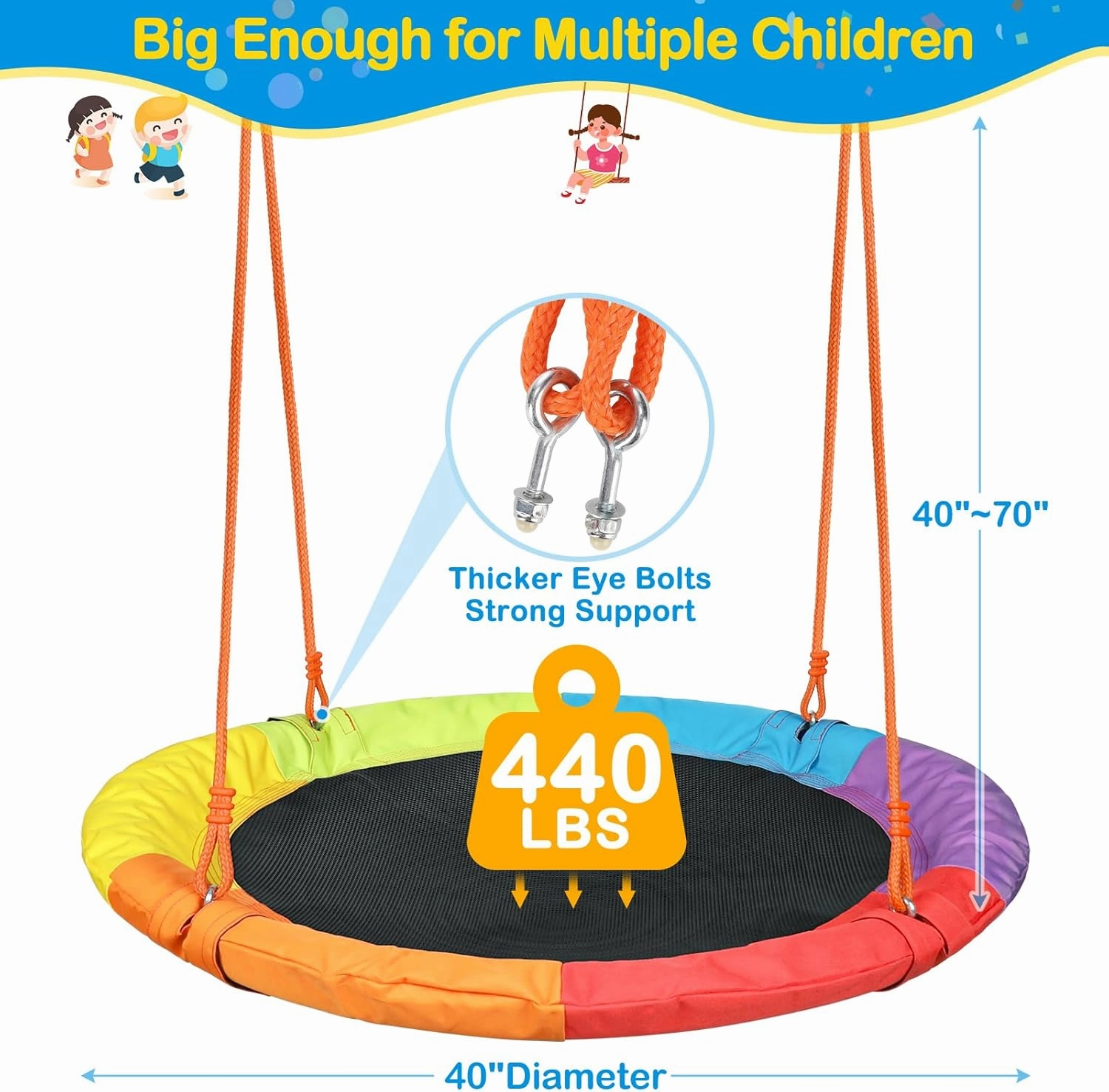 GIKPAL Saucer Swing with Stand for Kids Outdoor, 440lbs Swing Set with Heavy-Duty Metal Frame and Adjustable Ropes, Safe Waterproof Round Playset for Backyard Playground Park, Rainbow Color