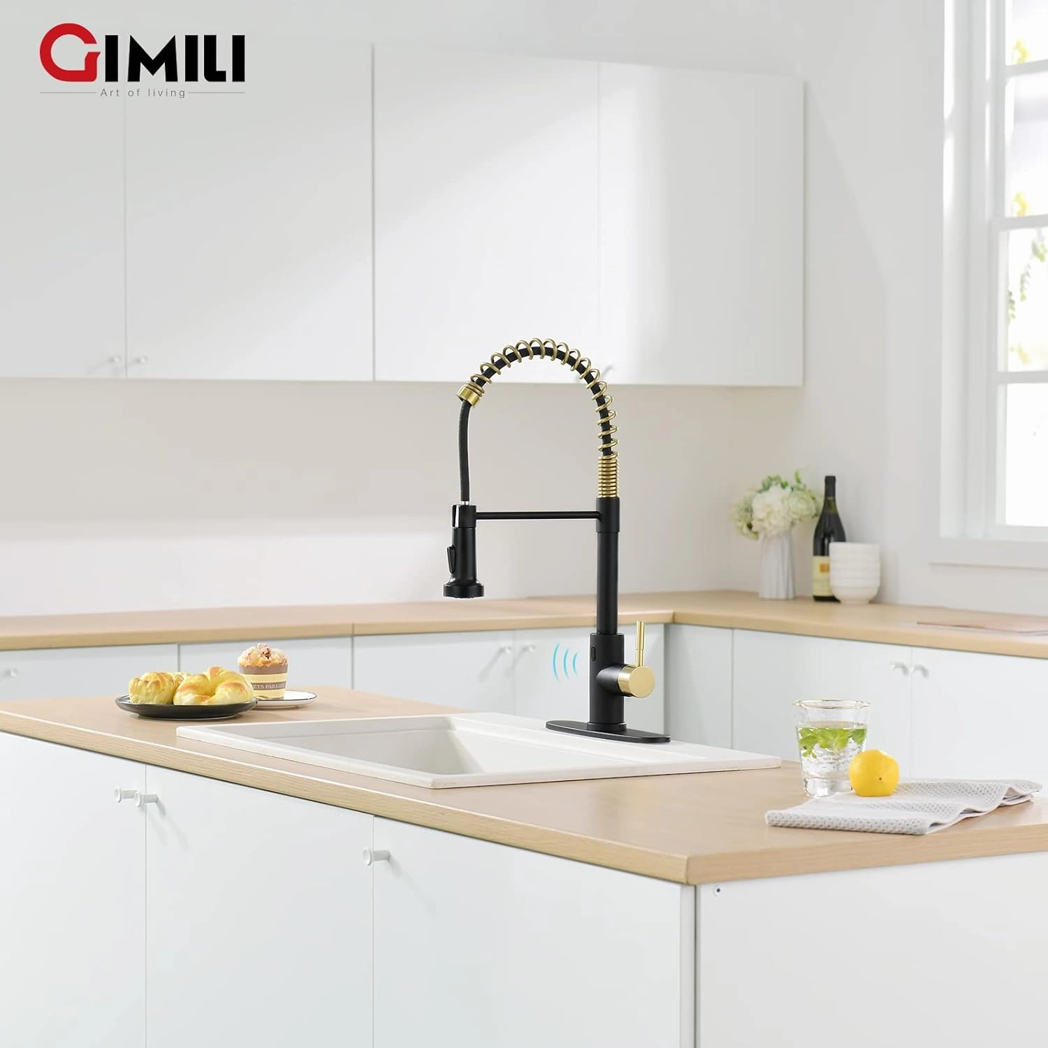 GIMILI Black and Gold Touchless Kitchen Faucet with AC Adapter, Smart Motion Sensor Hands Free Single Handle Kitchen Sink Faucet with Pull Down Sprayer