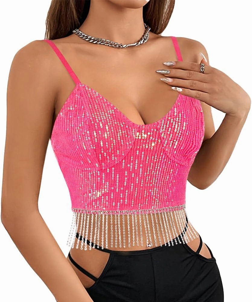 Giovacker Women's Sexy V-Neck Spaghetti Strap Sparkle Sequined Crop Tops Tube Top Bustier Vest Tank Rave Clubwear Camis Tee