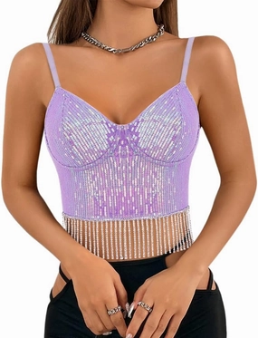 Giovacker Women's Sexy V-Neck Spaghetti Strap Sparkle Sequined Crop Tops Tube Top Bustier Vest Tank Rave Clubwear Camis Tee