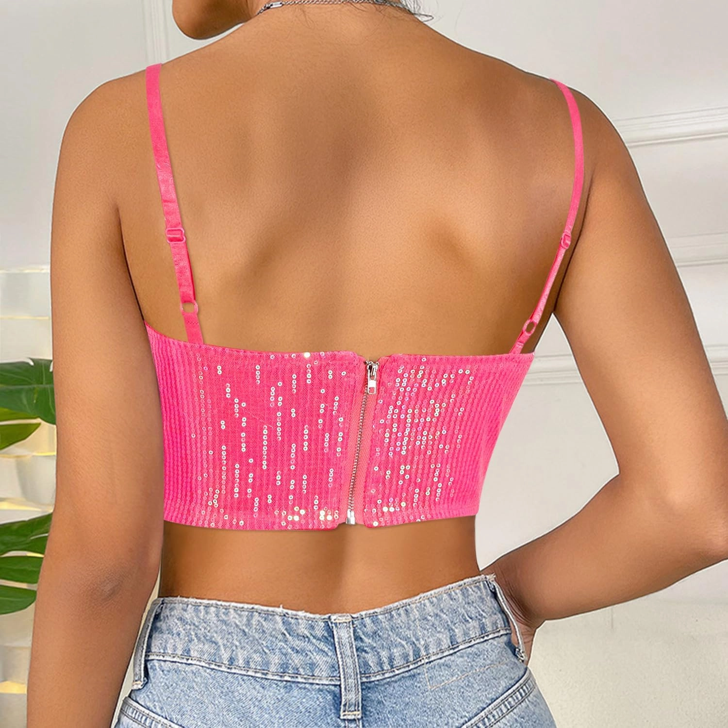 Giovacker Women's Sexy V-Neck Spaghetti Strap Sparkle Sequined Crop Tops Tube Top Bustier Vest Tank Rave Clubwear Camis Tee
