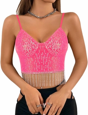 Giovacker Women's Sexy V-Neck Spaghetti Strap Sparkle Sequined Crop Tops Tube Top Bustier Vest Tank Rave Clubwear Camis Tee