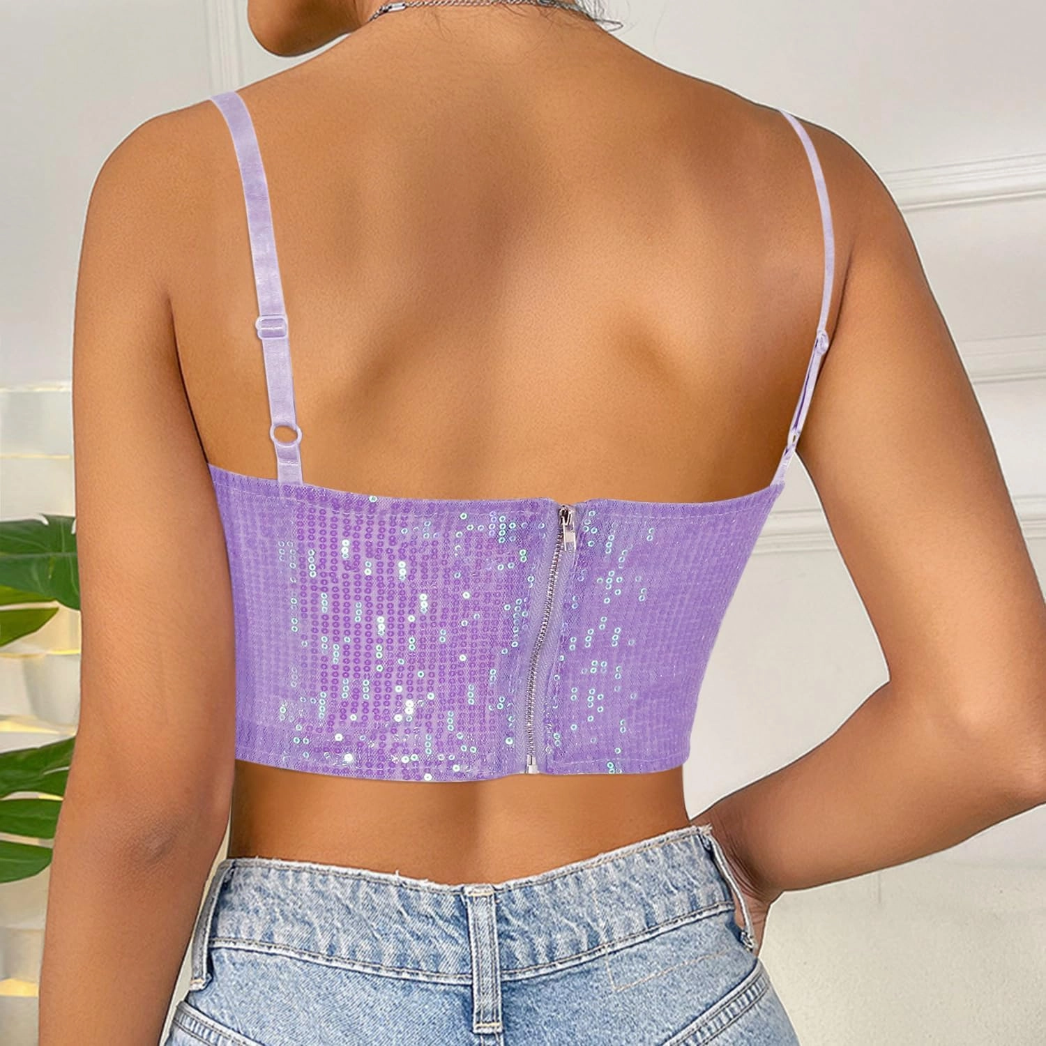 Giovacker Women's Sexy V-Neck Spaghetti Strap Sparkle Sequined Crop Tops Tube Top Bustier Vest Tank Rave Clubwear Camis Tee