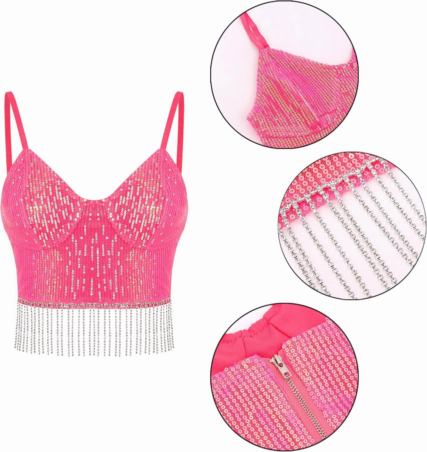 Giovacker Women's Sexy V-Neck Spaghetti Strap Sparkle Sequined Crop Tops Tube Top Bustier Vest Tank Rave Clubwear Camis Tee