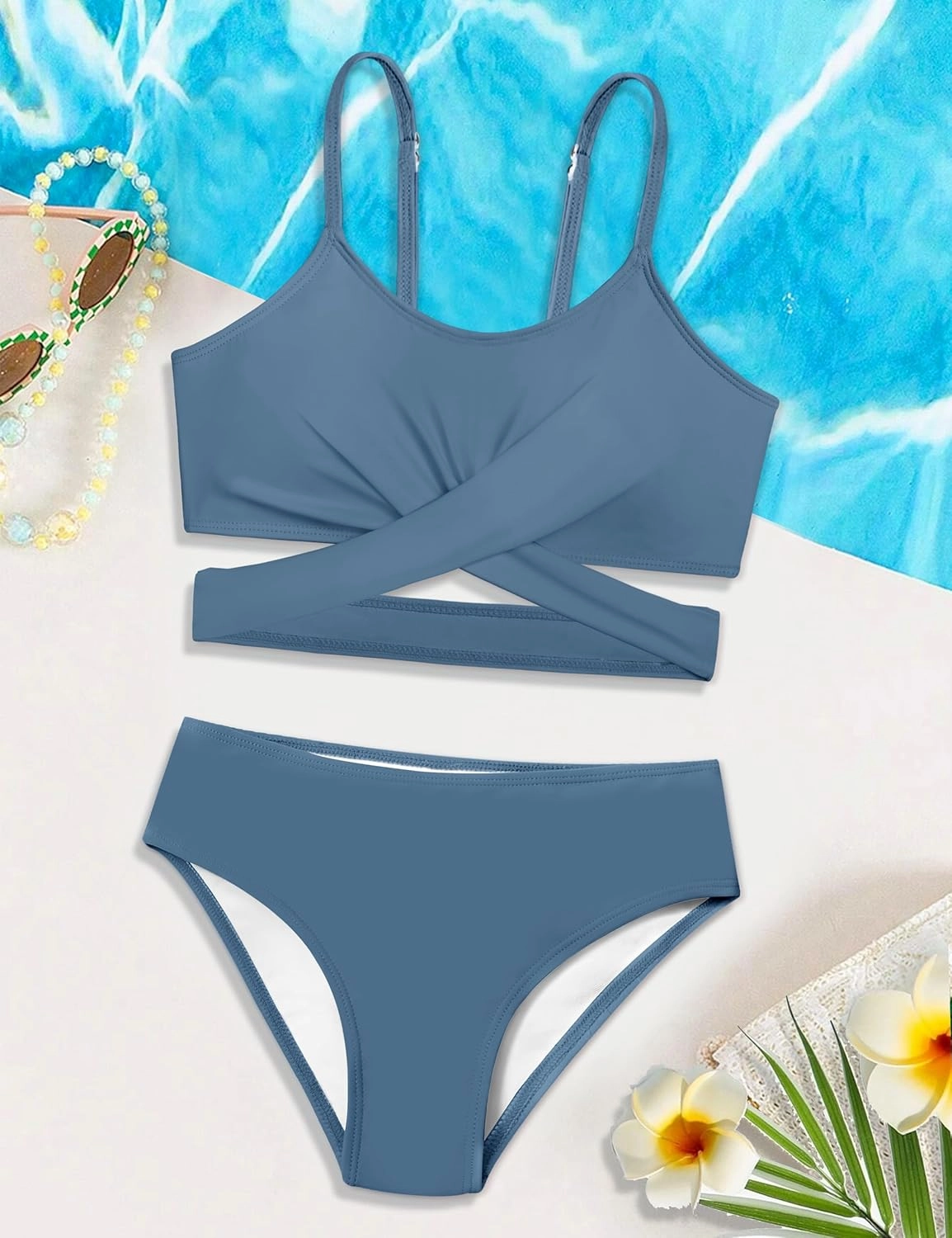 Girls Swimsuit Bathing Suits Criss Cross Bikini Set Two Piece Girls' Swimwear Solid Color Bathing Suit 7-16T