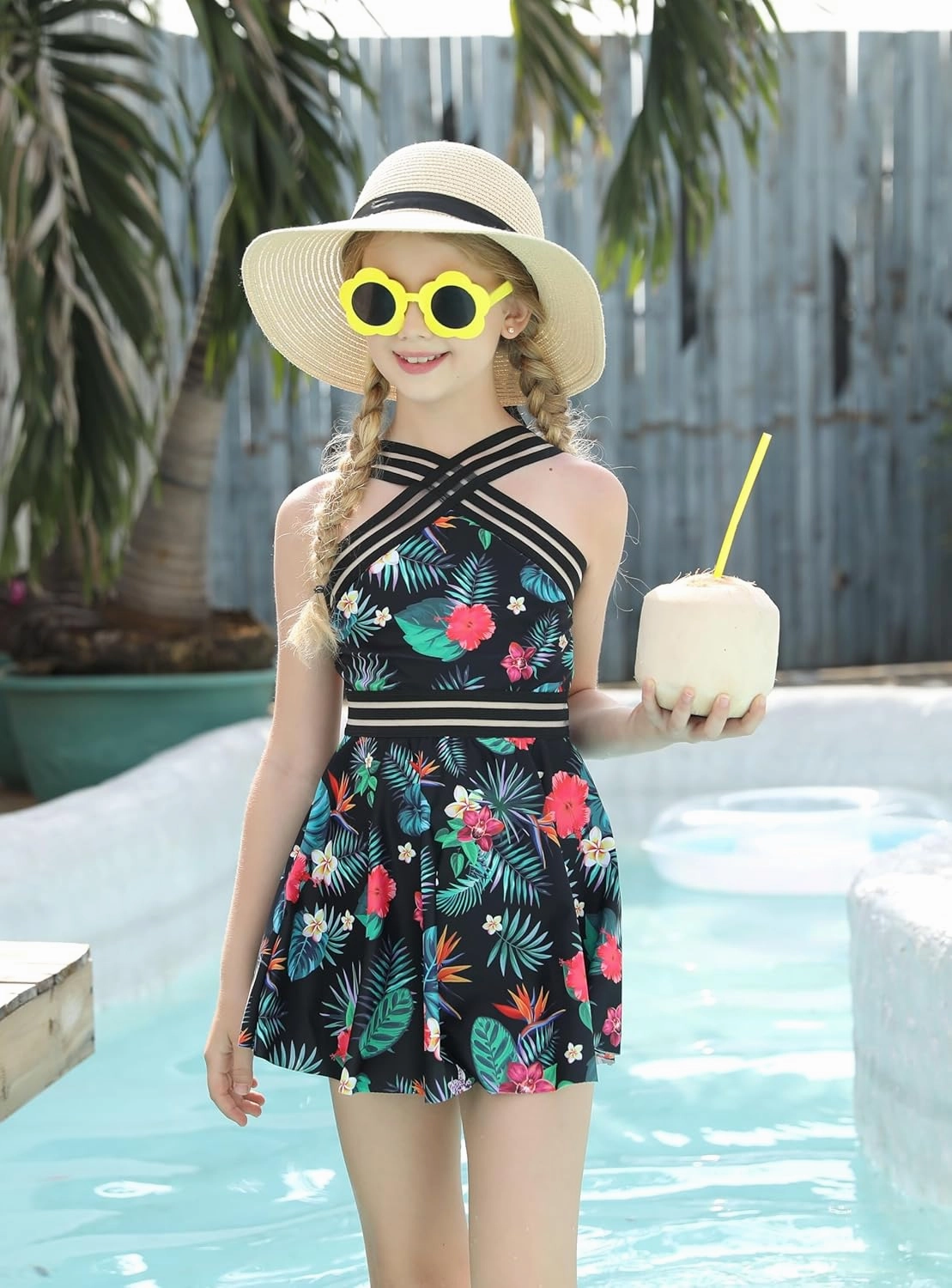 Girls Tankini Swimsuits Set size 7-14T Two Piece Swim Skirt and Bikini Bottom Criss-Cross Hawaii Bathing Suit