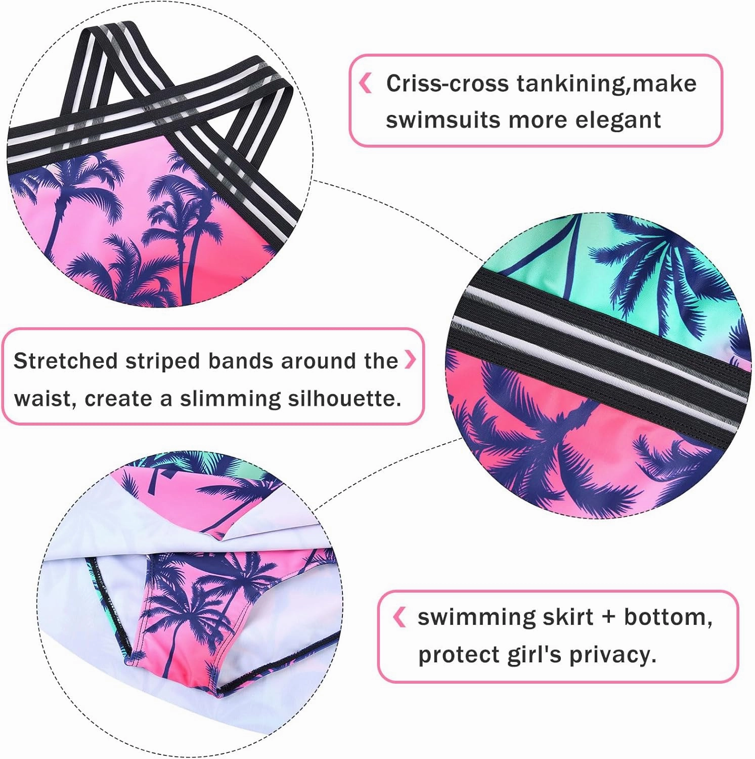 Girls Tankini Swimsuits Set size 7-14T Two Piece Swim Skirt and Bikini Bottom Criss-Cross Hawaii Bathing Suit