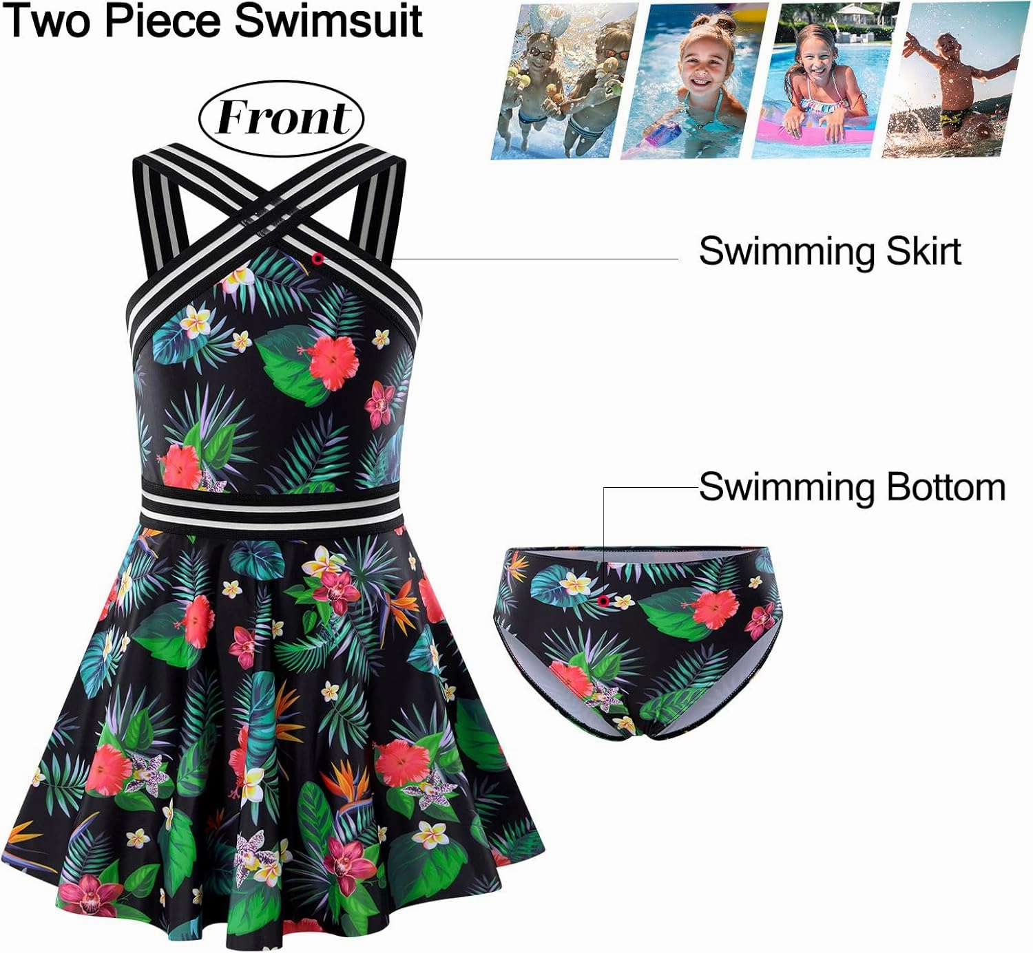 Girls Tankini Swimsuits Set size 7-14T Two Piece Swim Skirt and Bikini Bottom Criss-Cross Hawaii Bathing Suit