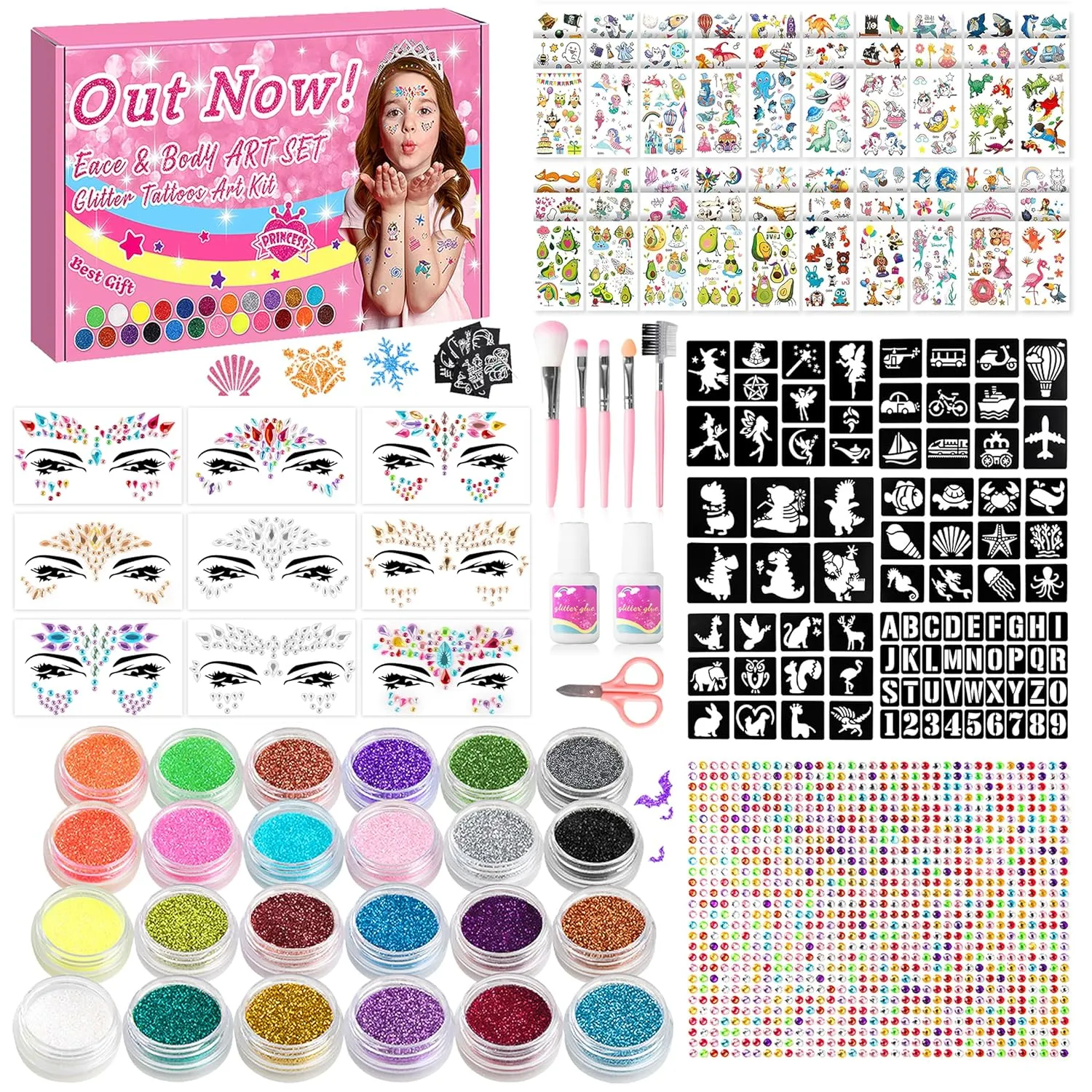 Glitter Tattoos Kit for Kids, 9 Face Gems, 24 Colors Glitter, 60 Tattoo Stickers, 64 Tattoo Stencils, 1008 Rhinestones, 5 Makeup Brushes, 2 Glue, 1 Mini Scissors, Great Holiday Gift for Girls & Boys.
