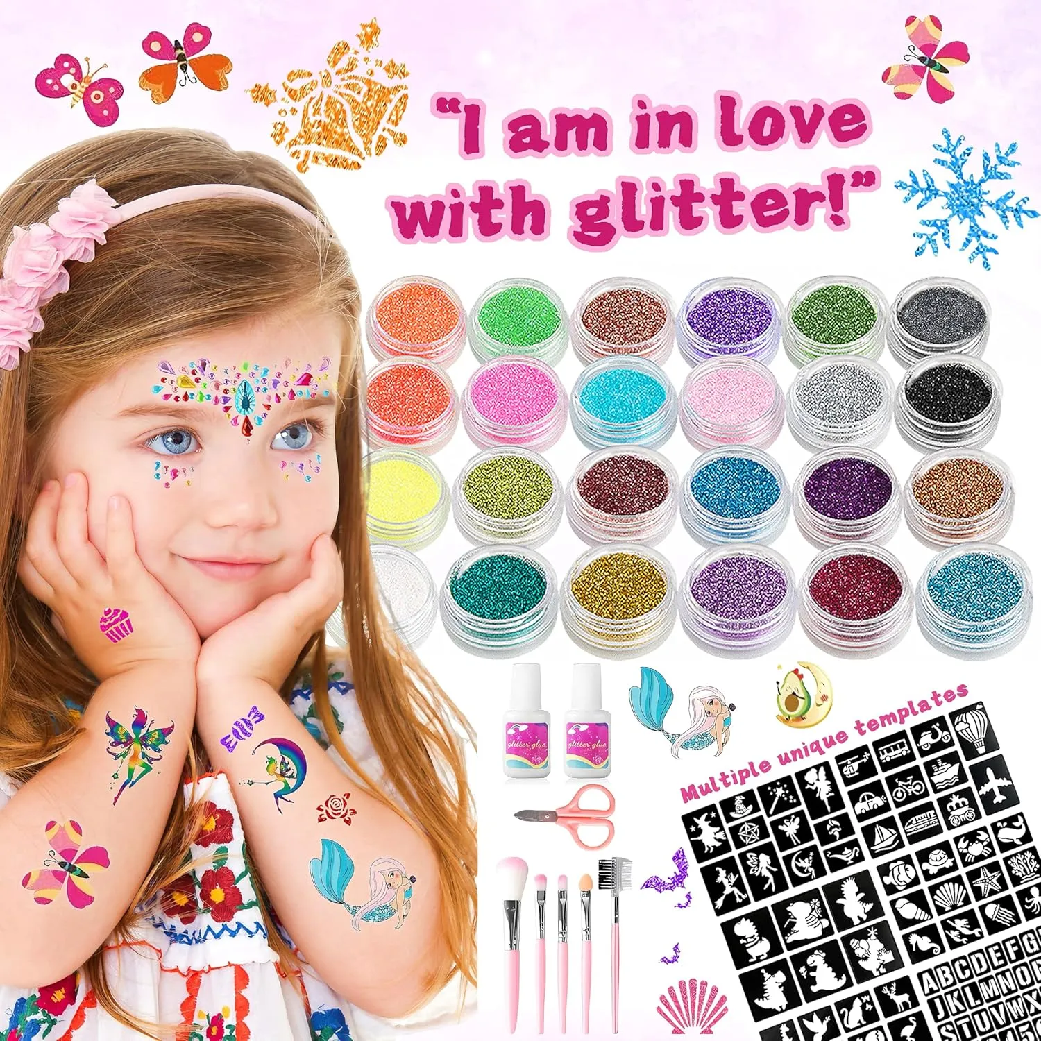 Glitter Tattoos Kit for Kids, 9 Face Gems, 24 Colors Glitter, 60 Tattoo Stickers, 64 Tattoo Stencils, 1008 Rhinestones, 5 Makeup Brushes, 2 Glue, 1 Mini Scissors, Great Holiday Gift for Girls & Boys.