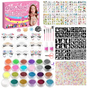 Glitter Tattoos Kit for Kids, 9 Face Gems, 24 Colors Glitter, 60 Tattoo Stickers, 64 Tattoo Stencils, 1008 Rhinestones, 5 Makeup Brushes, 2 Glue, 1 Mini Scissors, Great Holiday Gift for Girls & Boys.