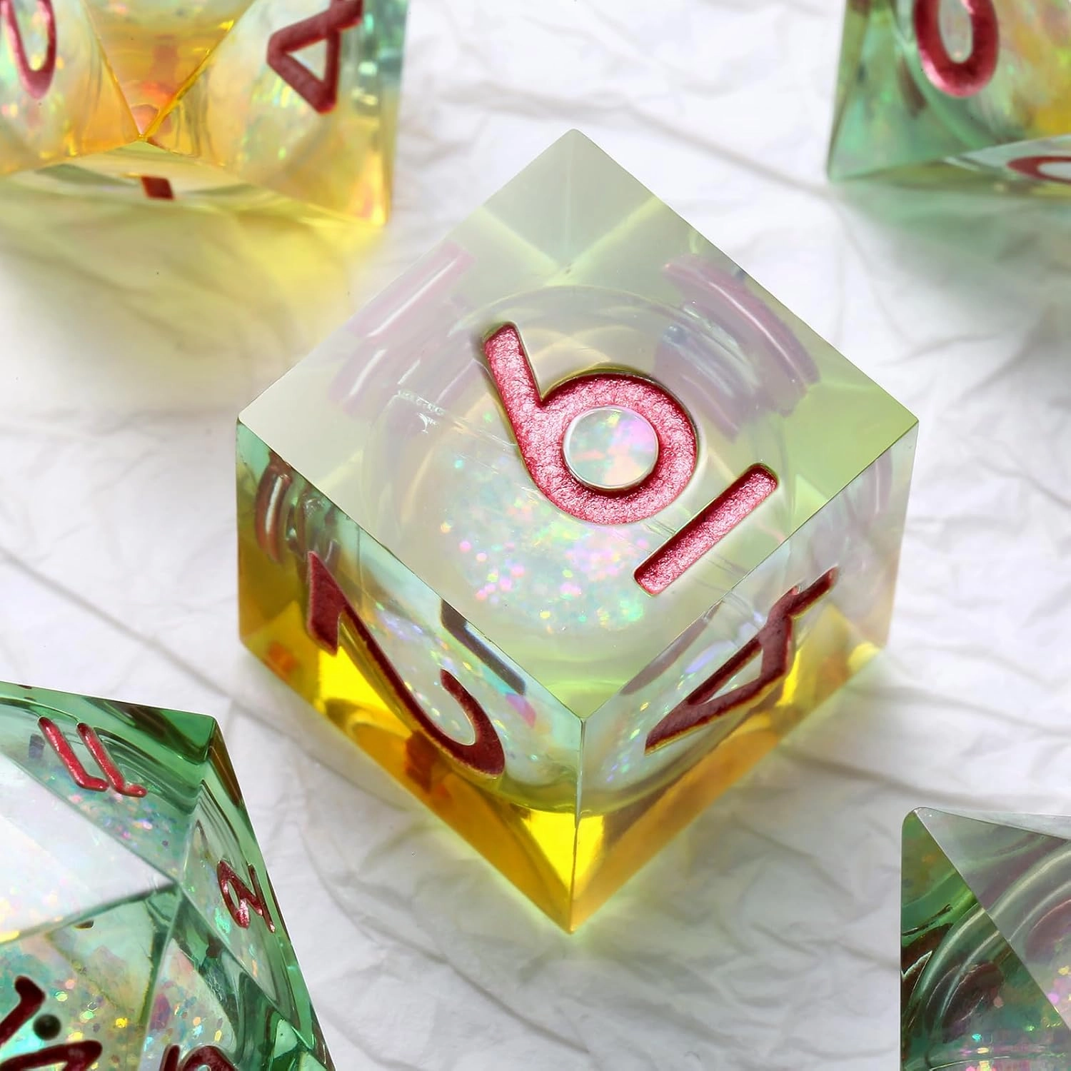 Glitter Liquid Core Sharp D&D Dice, DNDND Handmade Resin Sharp Edge DND Dice Set with Dragon Metal Gift Case for Dungeons and Dragon Tabletop Games (Liquid Yellow and Green)