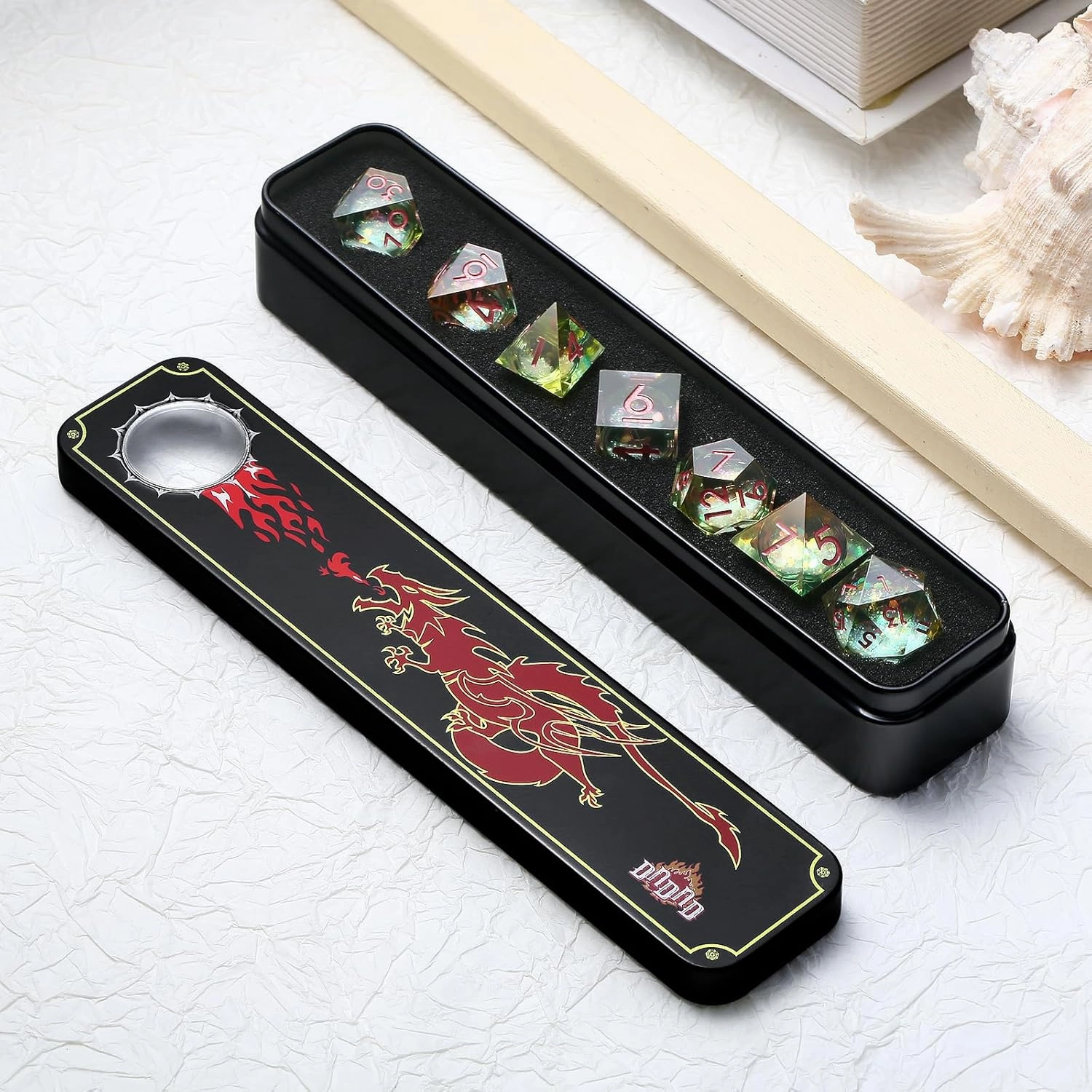 Glitter Liquid Core Sharp D&D Dice, DNDND Handmade Resin Sharp Edge DND Dice Set with Dragon Metal Gift Case for Dungeons and Dragon Tabletop Games (Liquid Yellow and Green)
