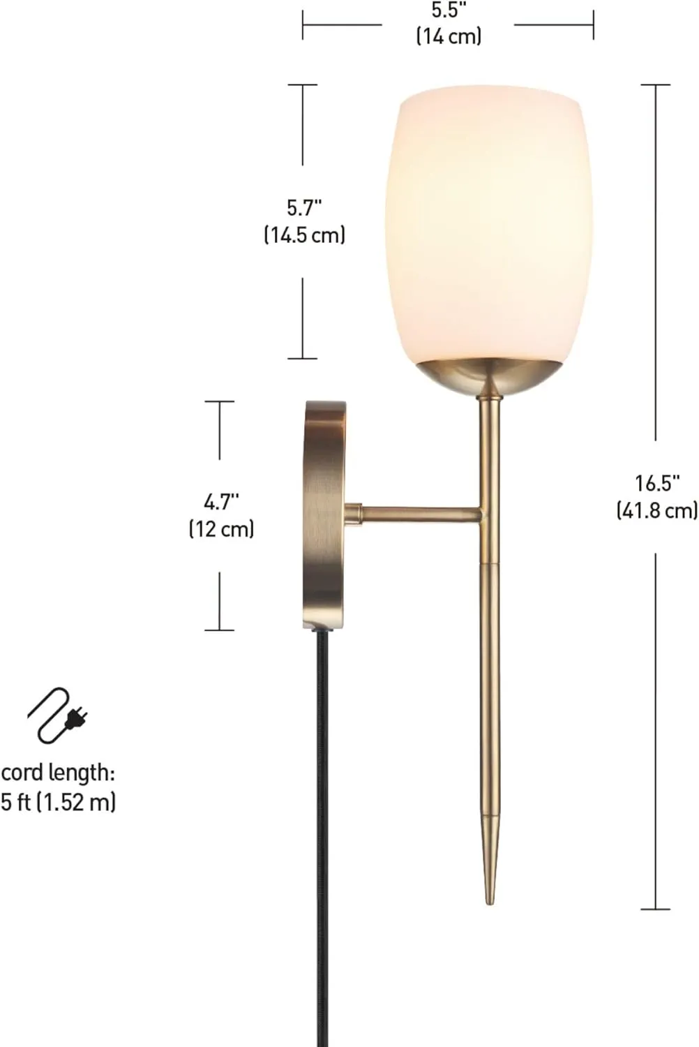 GLOBE Electric 51635 1-Light Plug-in or Hardwire Wall Sconce, Soft Matte Brass, Opal Glass Shade, Lights for Bedroom, Kitchen Sconces Lighting, Living Room, Bulb Not Included, Mounted Bedside Lamp
