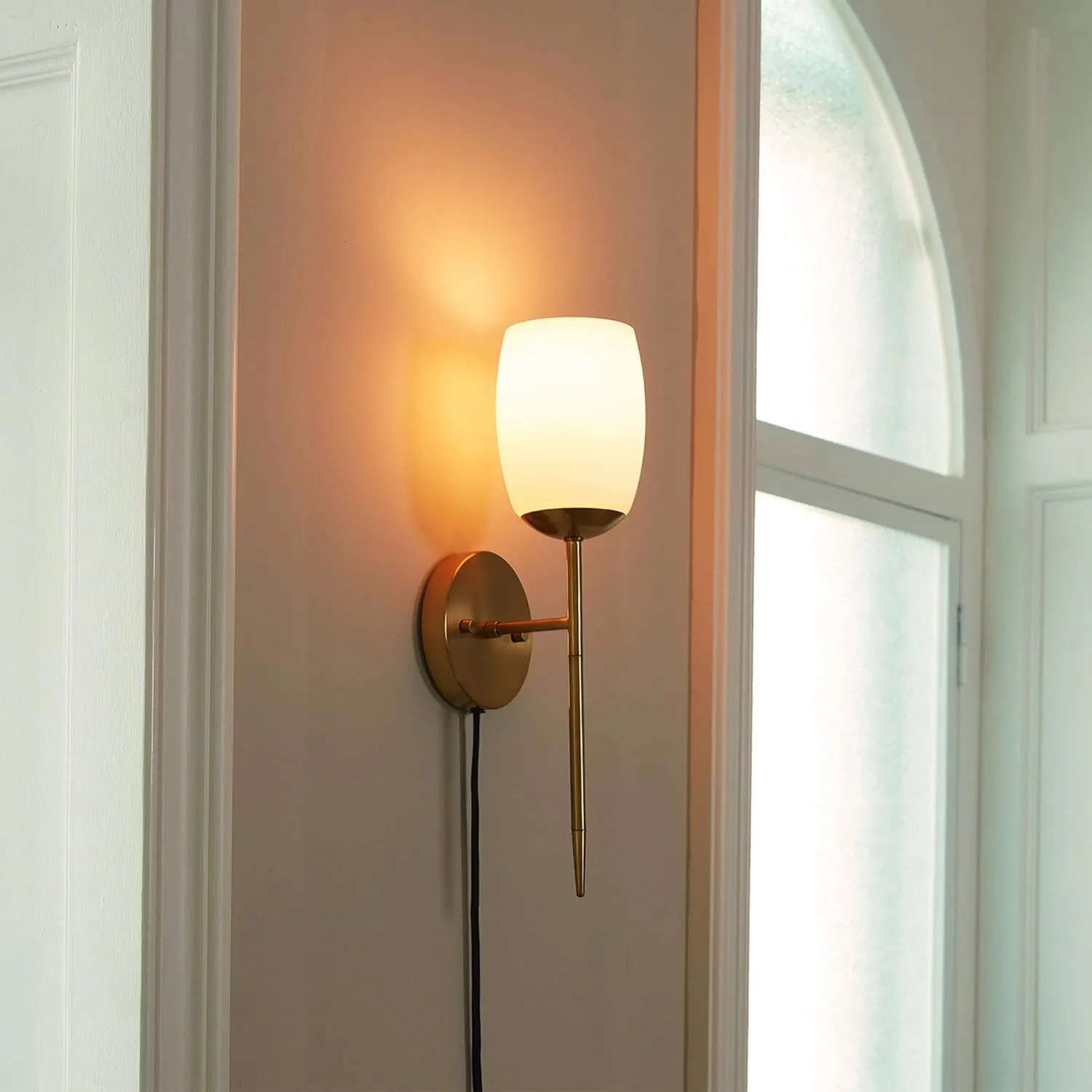 GLOBE Electric 51635 1-Light Plug-in or Hardwire Wall Sconce, Soft Matte Brass, Opal Glass Shade, Lights for Bedroom, Kitchen Sconces Lighting, Living Room, Bulb Not Included, Mounted Bedside Lamp